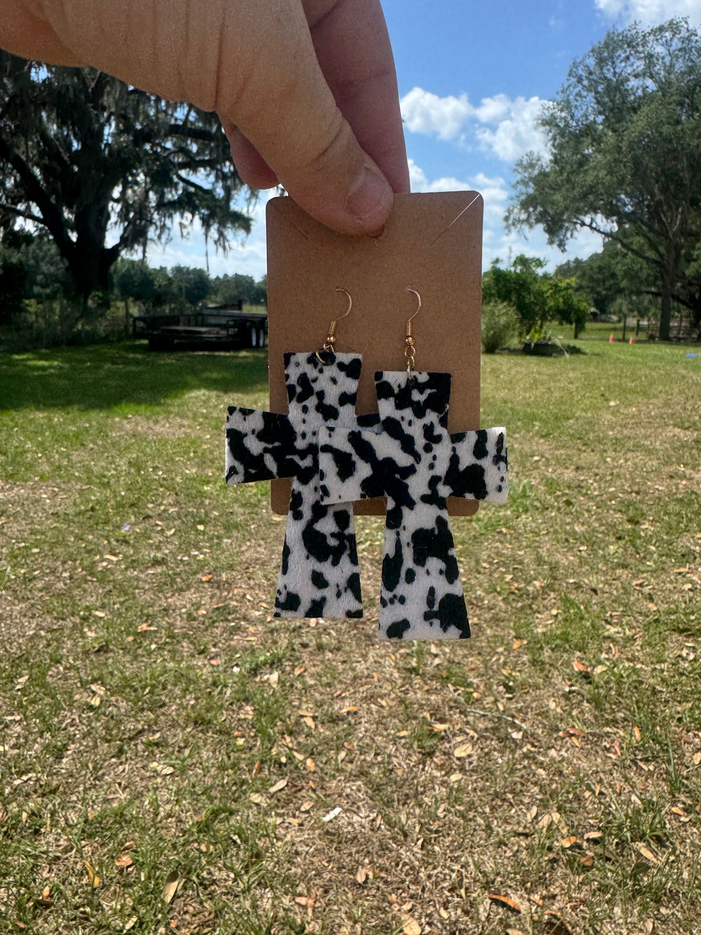 Western Cow Pattern Cross Earrings
