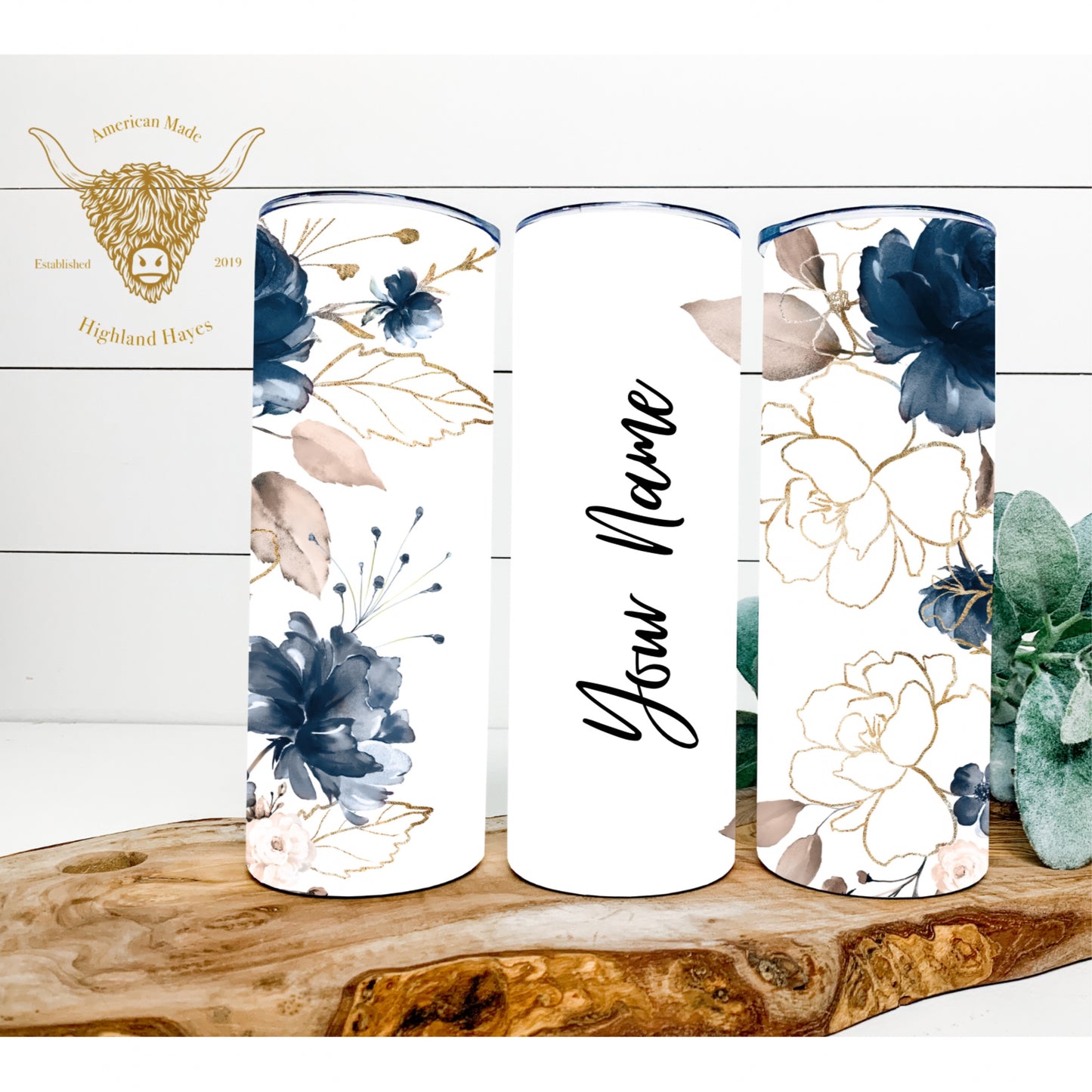 Blue Floral Tumbler w/ Name